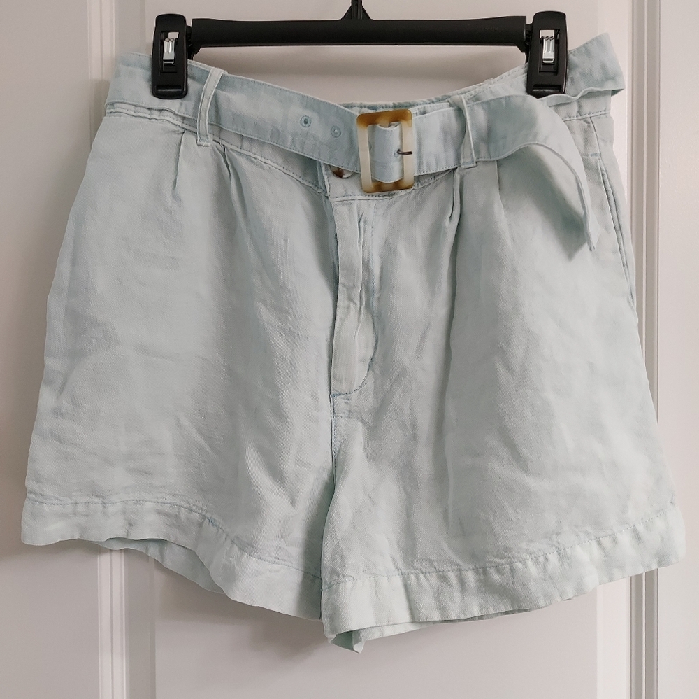 Nicole Miller Sky Blue High Waist Linen Blend Belted Shorts